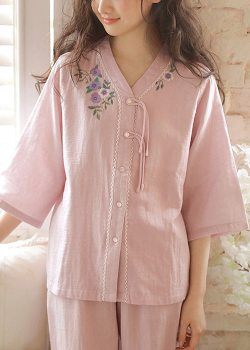 Original Purple Embroidered Button Cotton Pajamas Two Piece Set Bracelet Sleeve