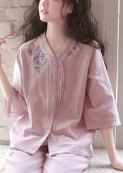 Original Purple Embroidered Button Cotton Pajamas Two Piece Set Bracelet Sleeve