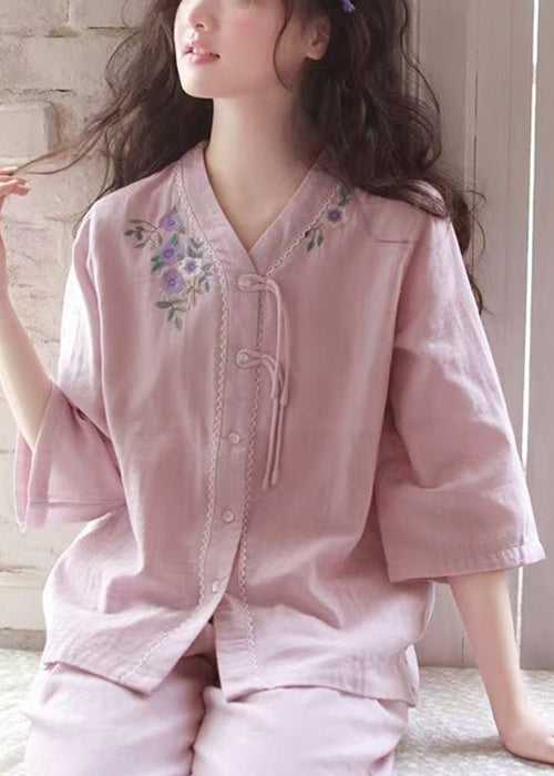 Original Purple Embroidered Button Cotton Pajamas Two Piece Set Bracelet Sleeve