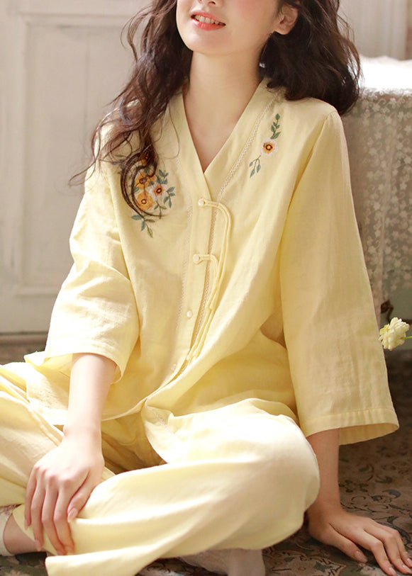 Original Purple Embroidered Button Cotton Pajamas Two Piece Set Bracelet Sleeve