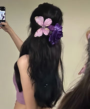 Original Purple Sterling Silver Overgild Butterfly Floral Hairpin
