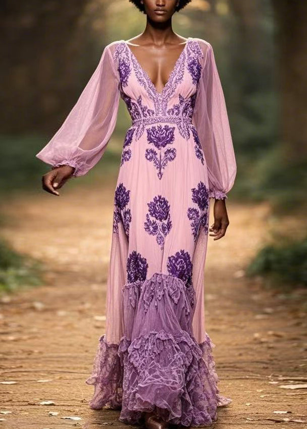 Original Purple V Neck Ruffled Print Chiffon Maxi Dresses Spring – SooLinen