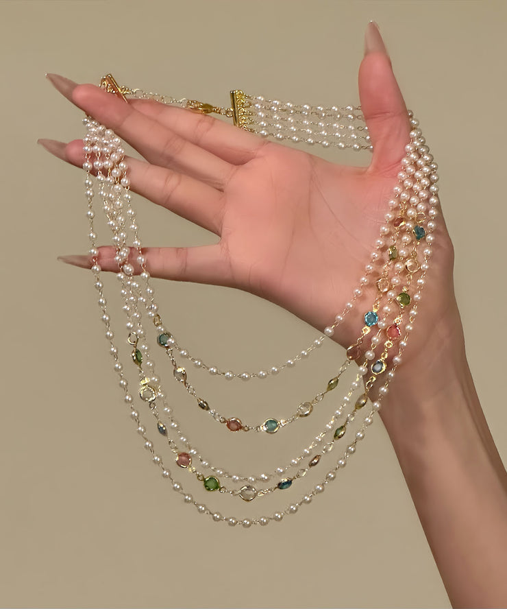 Original Rainbow Copper Overgild Crystal Pearl Multi-Layer Gratuated Bead Necklace