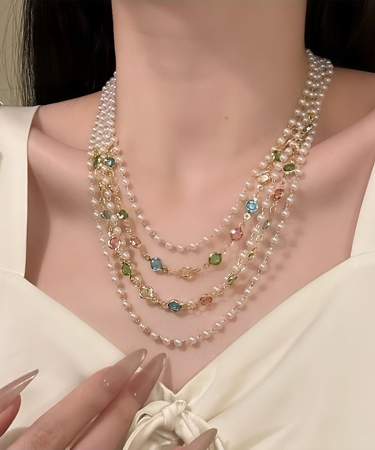 Original Rainbow Copper Overgild Crystal Pearl Multi-Layer Gratuated Bead Necklace