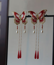 Original Red Sterling Silver Overgild Embroidery Butterfly Tassel Hairpin