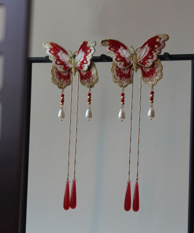 Original Red Sterling Silver Overgild Embroidery Butterfly Tassel Hairpin