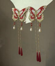 Original Red Sterling Silver Overgild Embroidery Butterfly Tassel Hairpin