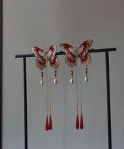 Original Red Sterling Silver Overgild Embroidery Butterfly Tassel Hairpin