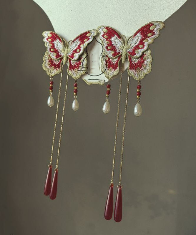 Original Red Sterling Silver Overgild Embroidery Butterfly Tassel Hairpin