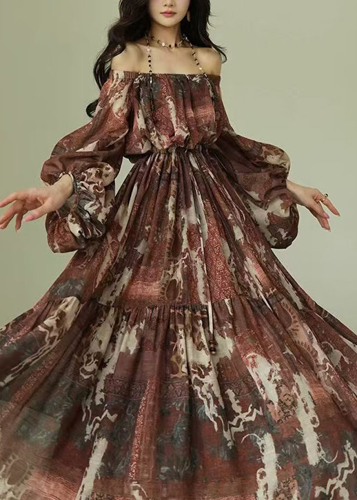 Original Slash Neck Print Tie Waist Cotton Long Dresses Fall