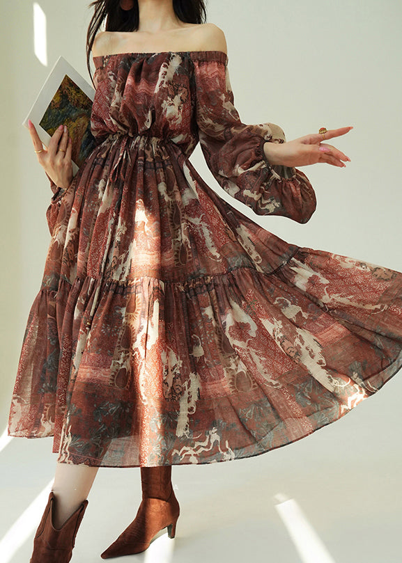 Original Slash Neck Print Tie Waist Cotton Long Dresses Fall