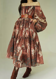 Original Slash Neck Print Tie Waist Cotton Long Dresses Fall