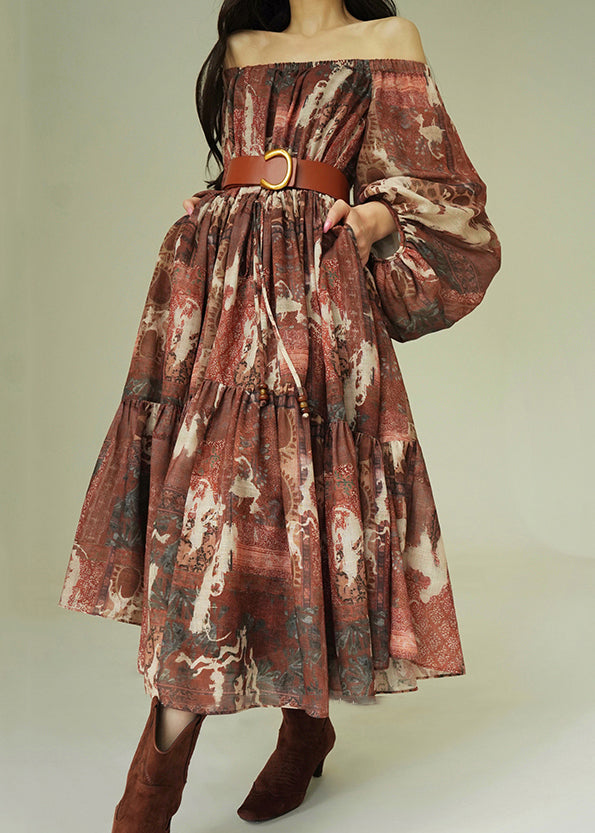 Original Slash Neck Print Tie Waist Cotton Long Dresses Fall