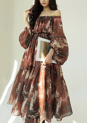 Original Slash Neck Print Tie Waist Cotton Long Dresses Fall