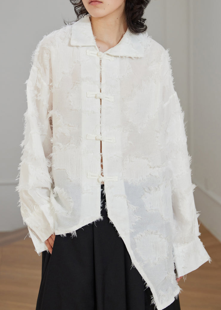 Original White Asymmetrical Chinese Button Cotton Blouses Fall