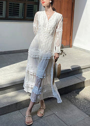 Original White Embroidered Zippered Cotton Long Dress Spring