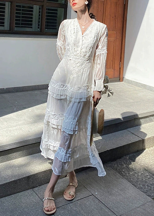 Original White Embroidered Zippered Cotton Long Dress Spring