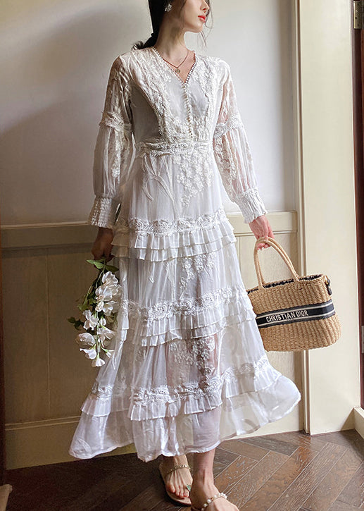 Original White Embroidered Zippered Cotton Long Dress Spring