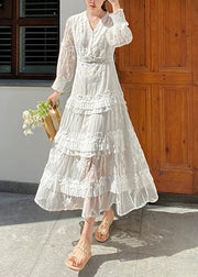 Original White Embroidered Zippered Cotton Long Dress Spring