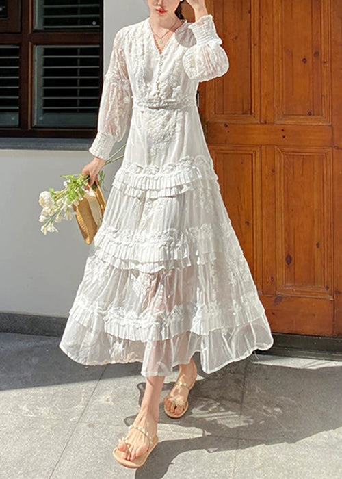Original White Embroidered Zippered Cotton Long Dress Spring