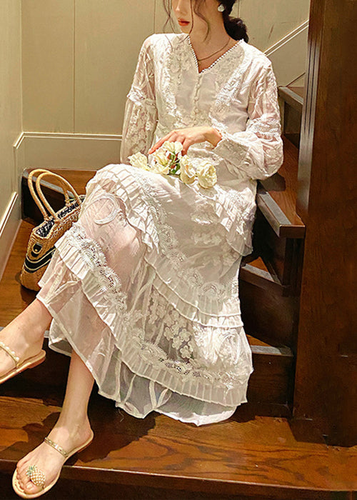 Original White Embroidered Zippered Cotton Long Dress Spring