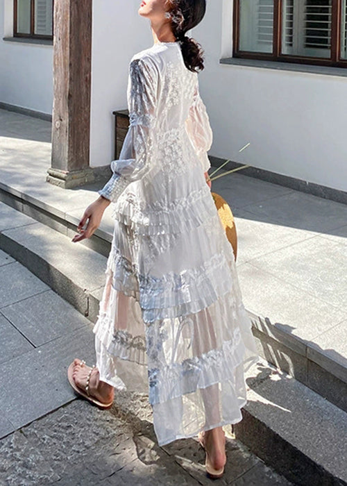 Original White Embroidered Zippered Cotton Long Dress Spring