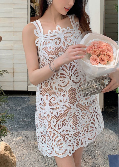 Original White Hollow Out Lace Mid Dress Sleeveless