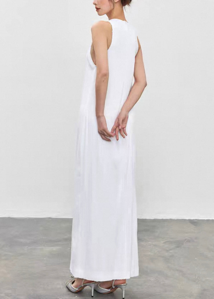 Original White O Neck High Waist Solid Cotton Dress Sleeveless