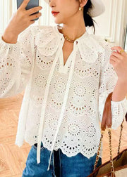 Original White Peter Pan Collar Hollow Out Cotton Shirt Spring