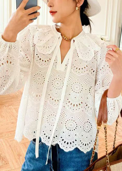 Original White Peter Pan Collar Hollow Out Cotton Shirt Spring