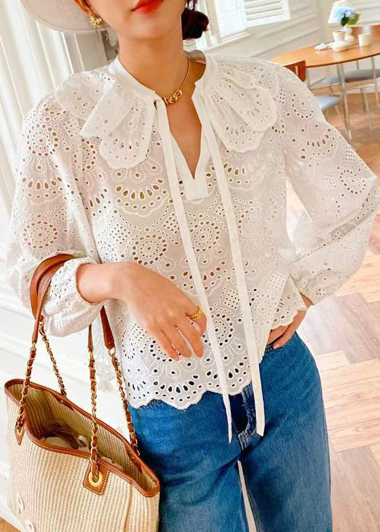Original White Peter Pan Collar Hollow Out Cotton Shirt Spring