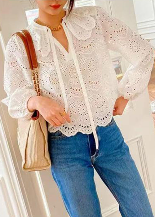 Original White Peter Pan Collar Hollow Out Cotton Shirt Spring