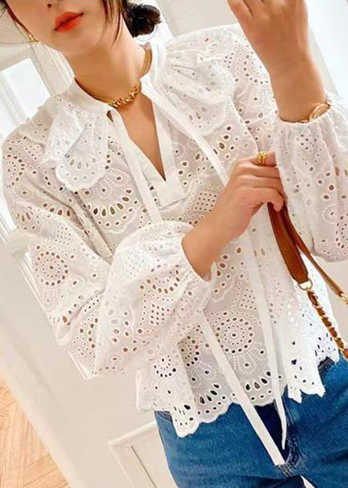 Original White Peter Pan Collar Hollow Out Cotton Shirt Spring