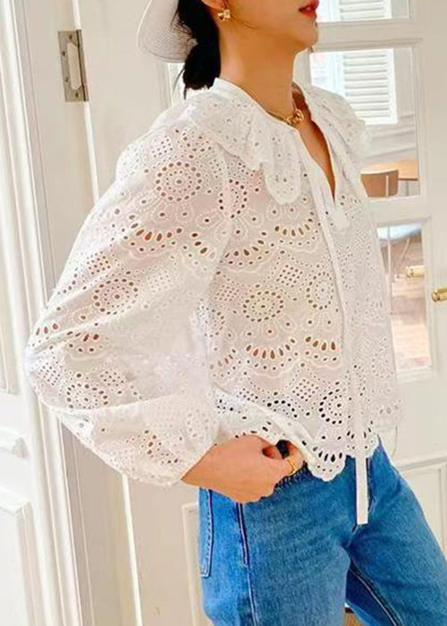Original White Peter Pan Collar Hollow Out Cotton Shirt Spring