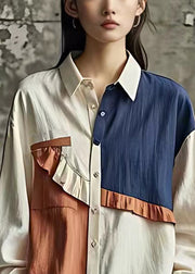 Original White Peter Pan Collar Ruffled Button Cotton Blouses Long Sleeve