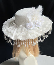 Original White Rose Pearl Tassel Lace Feather Cloche Hat