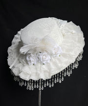 Original White Rose Pearl Tassel Lace Feather Cloche Hat