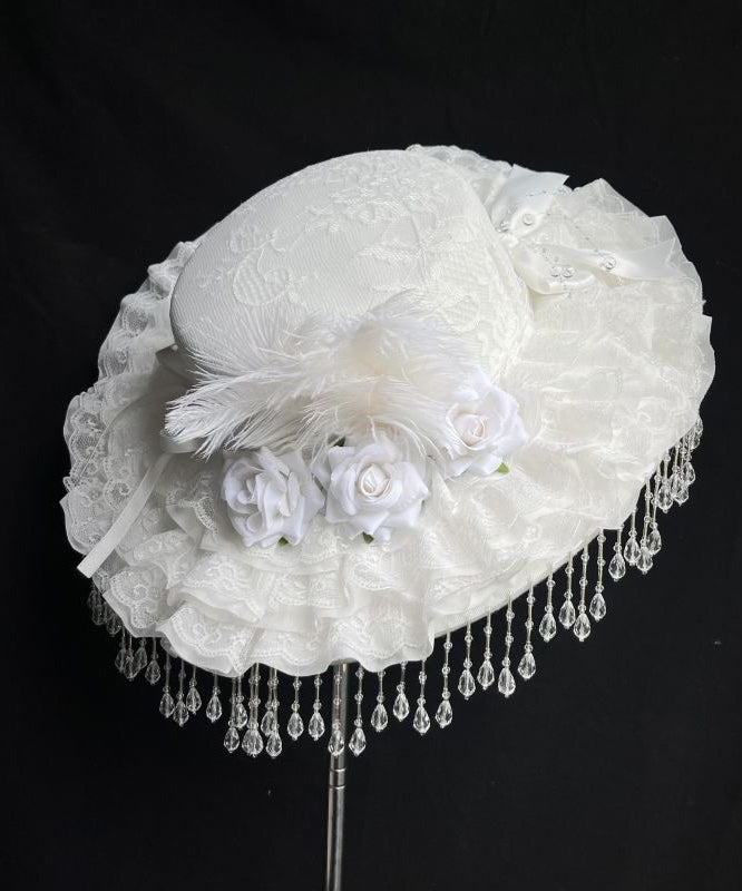 Original White Rose Pearl Tassel Lace Feather Cloche Hat