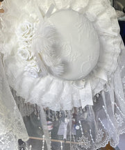 Original White Rose Pearl Tassel Lace Feather Cloche Hat