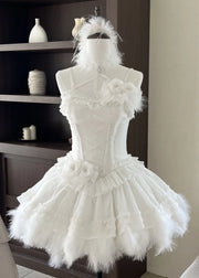 Original White Ruffled Feather Patchwork Spaghetti Strap Dress Sleeveless