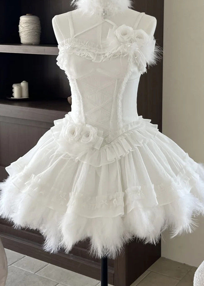 Original White Ruffled Feather Patchwork Spaghetti Strap Dress Sleeveless