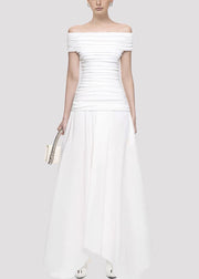 Original White Slash Neck Wrinkled Knitting Cotton Long Dress Summer