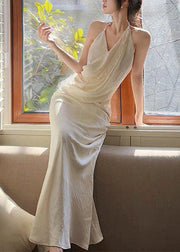 Original White V Neck Pearl Backless Silk Long Dress Sleeveless