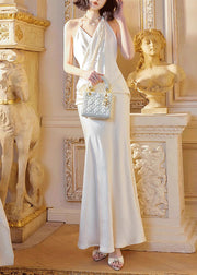 Original White V Neck Pearl Backless Silk Long Dress Sleeveless