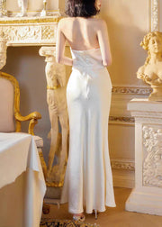 Original White V Neck Pearl Backless Silk Long Dress Sleeveless