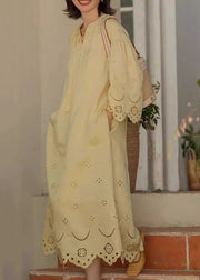 Original Yellow Lace Up Hollow Out Cotton Long Dresses Fall