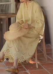 Original Yellow Lace Up Hollow Out Cotton Long Dresses Fall