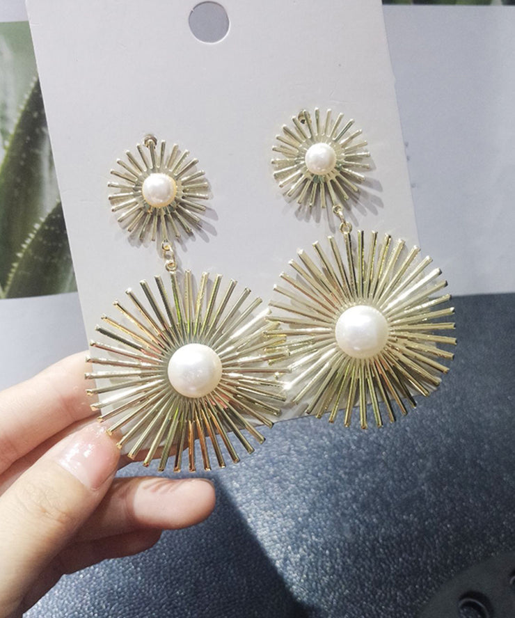 Oversize Gold Metal Pearl Geometric Circle Drop Earrings