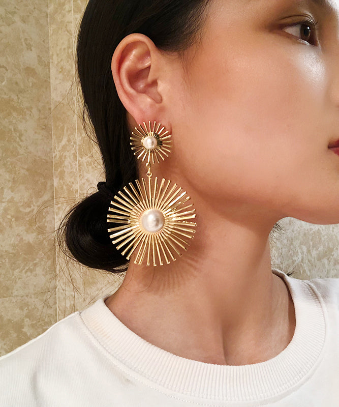 Oversize Gold Metal Pearl Geometric Circle Drop Earrings