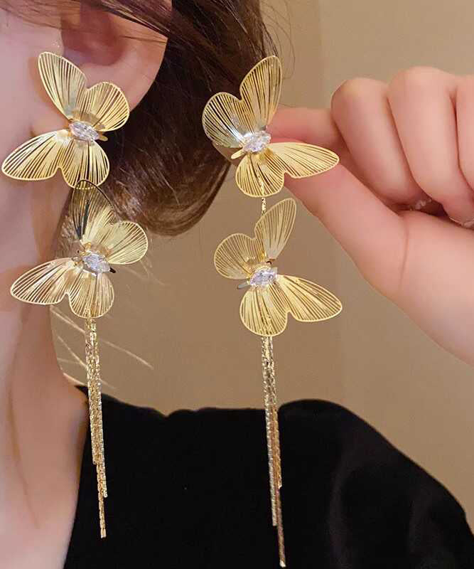 Oversize Gold Sterling Silver Overgild Butterfly Tassel Drop Earrings